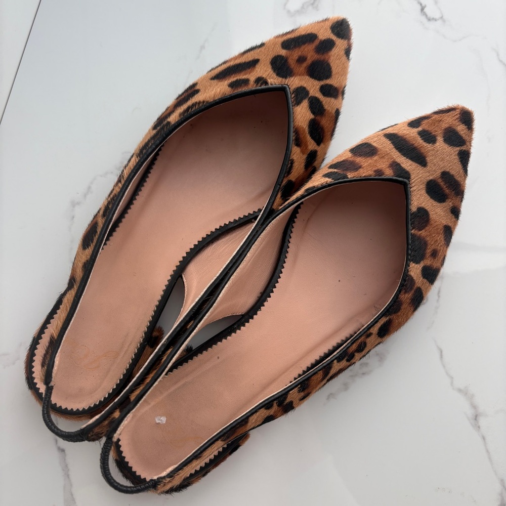 J. Crew sz 8 Women’s Pointed-toe Slingback Flats Leopard Calf Hair Leather - Picture 3 of 8